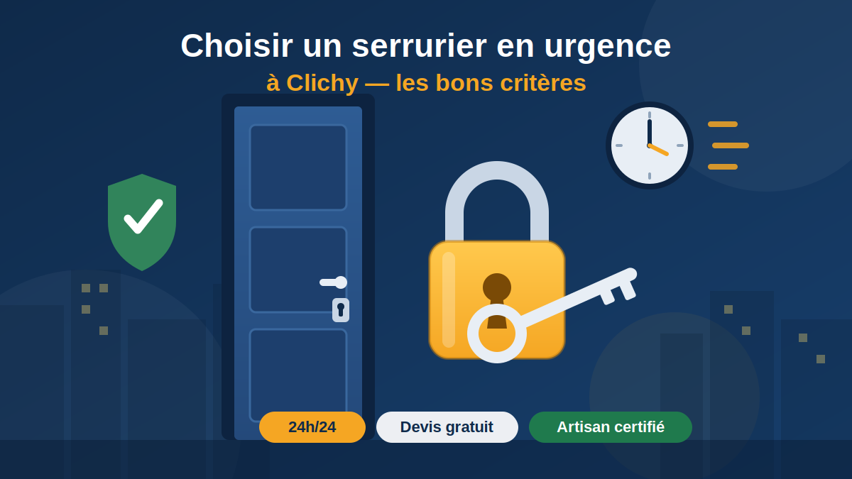 Illustration : les critères pour choisir un serrurier en urgence à Clichy (cadenas, clé, porte, intervention 24h/24)