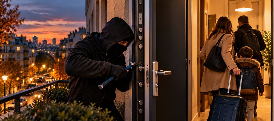 Protection d’une porte d’entrée blindée contre une tentative de cambriolage au crépuscule à Clichy dans les Hauts-de-Seine.